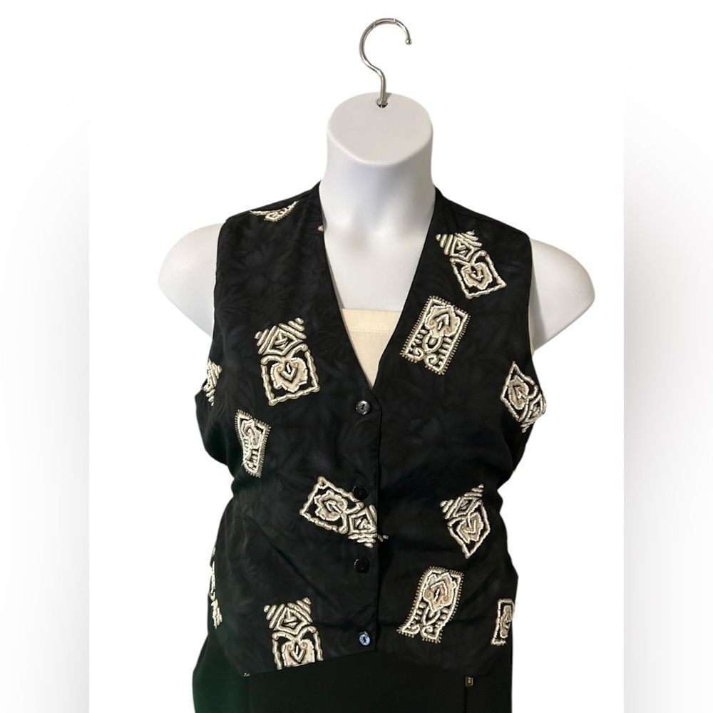 Vintage beaded tribal print black sz M button up tie back v neck waistcoat vest